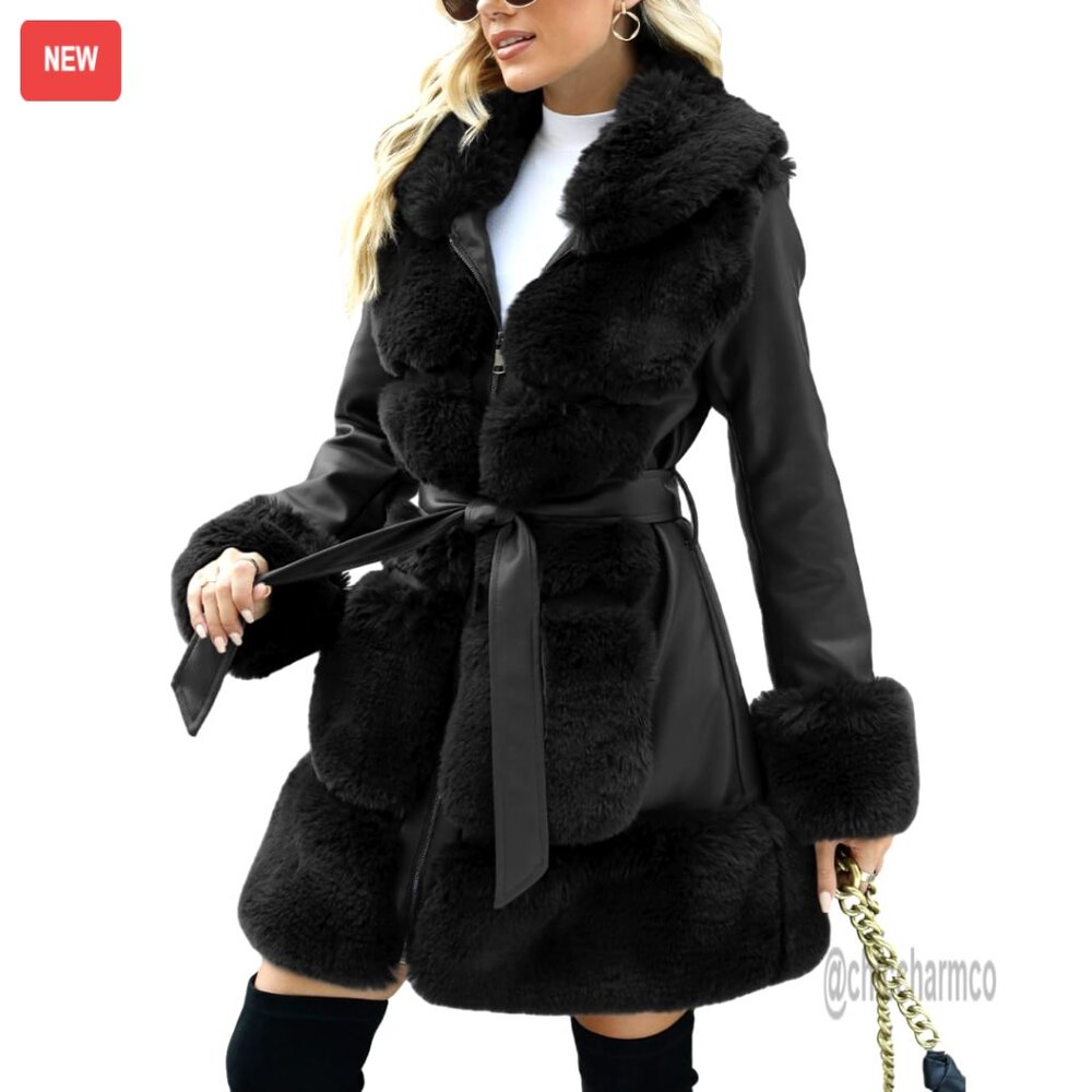 Women's Wool Pea Coat Faux Fur Jacket Winter Warm Parka With Belt